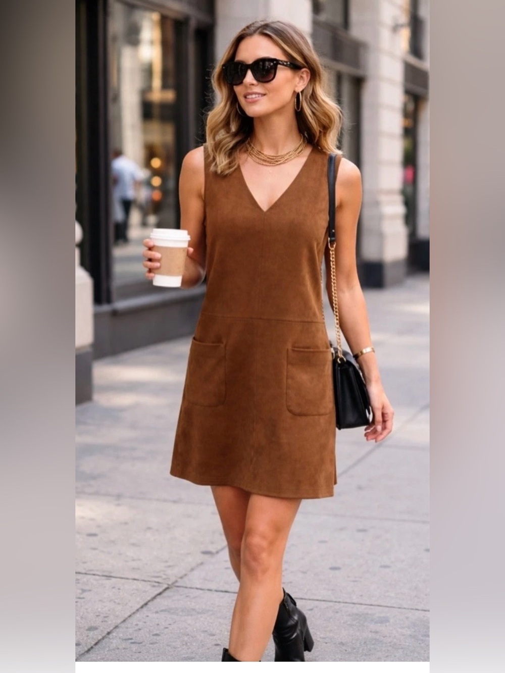 Max Studio Women’s Rust Suede V-Neck Pinafore Mini Dress Medium